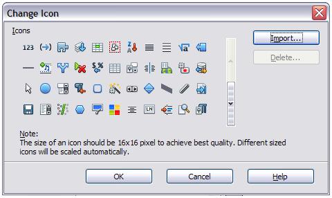 Figure 5: Change Icon dialog Example: Adding a Fax icon to a toolbar You can customize LibreOffice so that a single click on an icon automatically sends the current