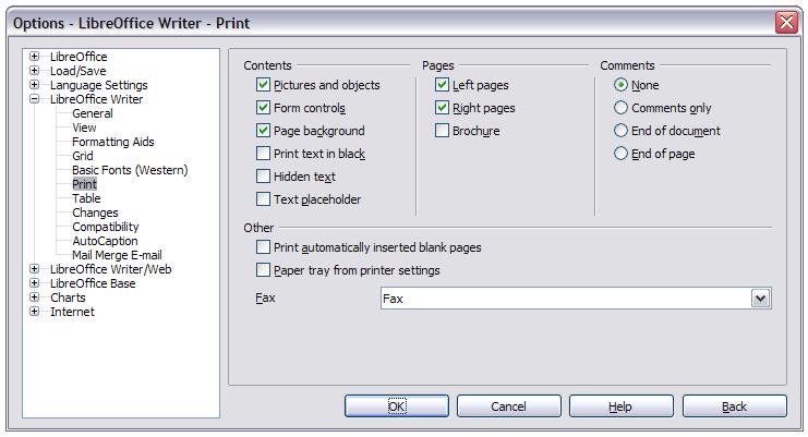 2) Choose Tools > Options > LibreOffice Writer > Print. The dialog shown in Figure 6 opens.