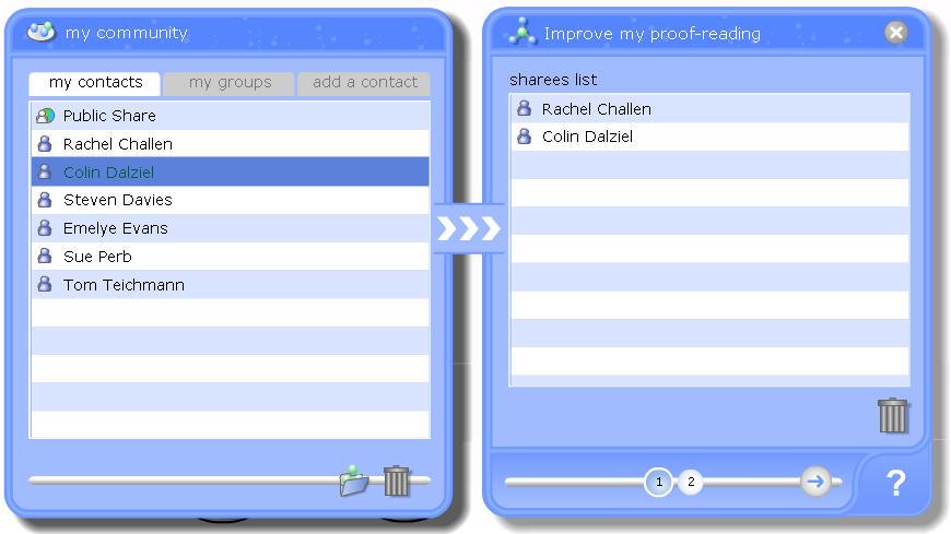 Using the tabs across the top you can also create and organise groups and add new contacts (see below). Select the person or persons you want to share with and then click the chevron.