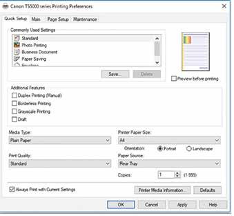 3 STEP 4 In Printer Preferences set the printer settings for edible printing. Media Type Plain Paper Print Quality Standard Check the Always print with current settings option.