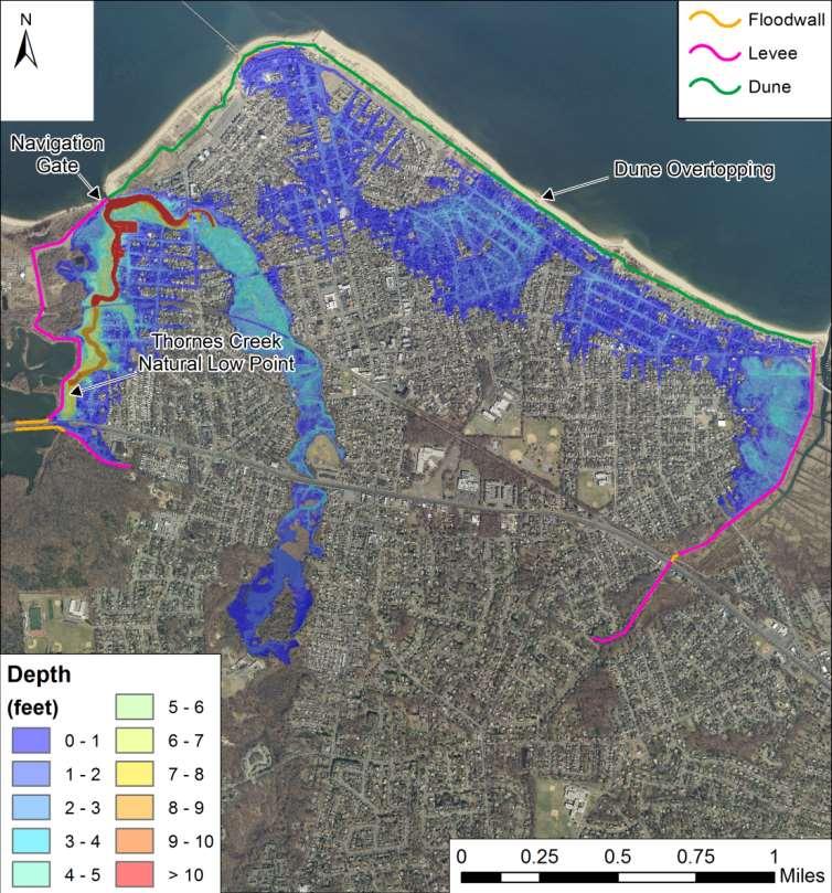 Results run 6 LAMP: Overtopping (Levee), Sound Reach, Dune Overtopping Flood sources: Navigation gate Natural low point along Thornes Creek Levee Sandy-based Dune Overtopping Dune overtopping occurs