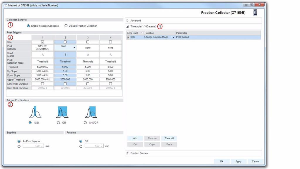 New Driver Features New Driver Features The screenshot below shows the default Fraction Collector method screen for the Open-Bed Fraction Collector G7159B. Driver A.02.