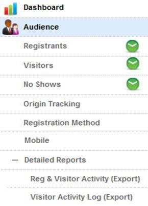 Robust Reporting Registration Reports Registrants The user who registered to the event *Real-time reports are indicated by a green clock as shown below and are updated every 5 minutes Live Visitors