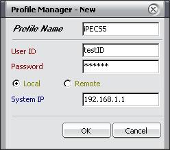2.6.2 Network & Profile Setting Network Settings, accessed via the Login screen, define the Profile Name, Connection Mode (Local or Remote), and the IP address of the host system.