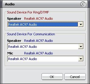 Select a Speaker for playing back Ring/DTMF and select a Speaker and a Microphone for communication. The Speaker can be defined separately for voice and ring signals.