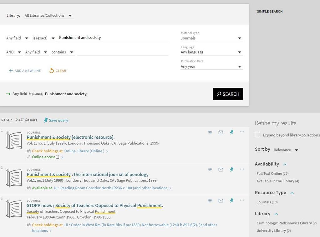 Advanced Search Options Clicking on the advanced search will take you to a screen similar to this In this example there is no Library location filter set (drop-down menu top left) Material type