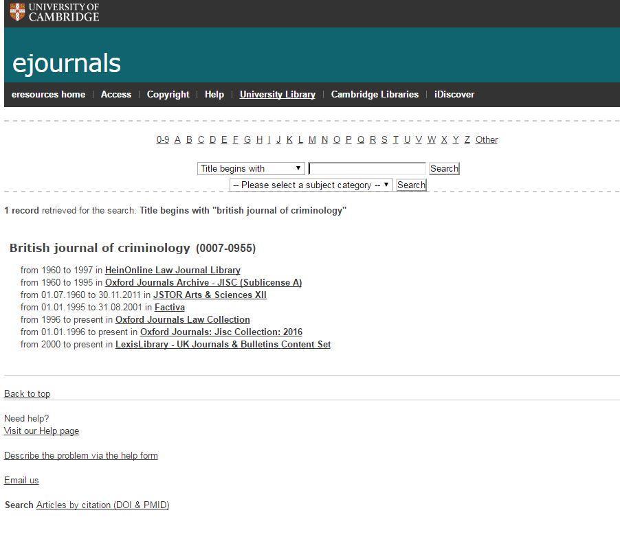 For example if you search for the British Journal of Criminology it will take you to the below information.