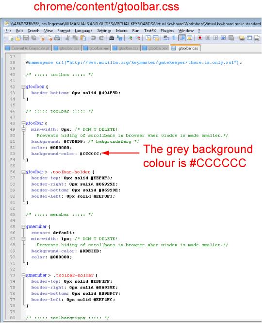 Figure 22. The background colour is changed by editing the first occurring background-color parameter in the chrome/content/gtoolbar.css file.