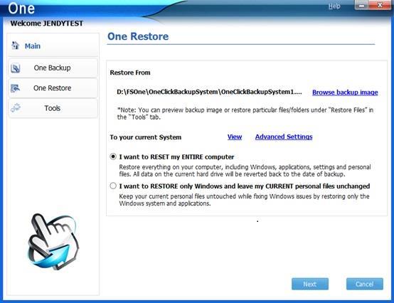 3.3 One Restore 1. Click One Restore and you will enter following interface. 2. Select a backup image to restore from.