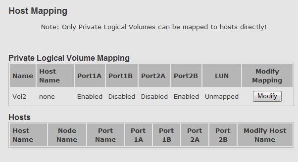 7.4 Host Mapping The Logical Volume Functions Host Mapping screen allows you to map private logical volumes to hosts.