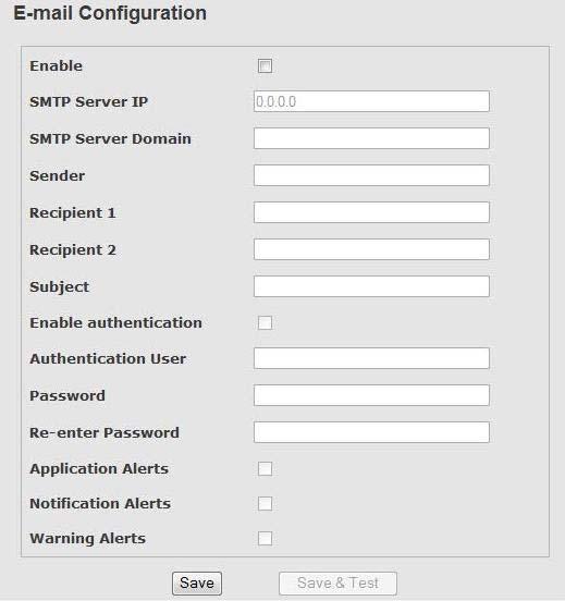 9.4 Email Event Configuration The Administration Email Event Configuration screen allows you to set up alert notifications for the system.