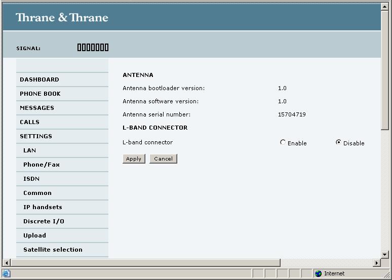 Chapter 4: Using the web interface Setting up the interfaces The SETTINGS page (Antenna properties) The SETTINGS page shows properties of the connected antenna and contains a field for enabling or