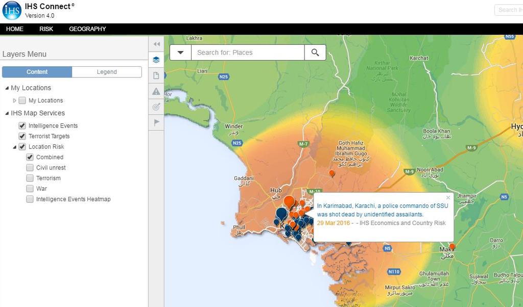 Map Interactive visualization tool for location-specific risk assessments (2) Click on the Layers drop down to display the Location Risk heat map layers and Pins available Orange pins mark local risk