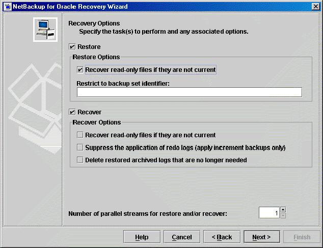 Figure 3: The NetBackup for Oracle Recovery Wizard Recovery Options screen provides a variety of choices for restore and recovery VERITAS NETBACKUP FOR ORACLE AND CHECKPOINT/RESTART NetBackup for