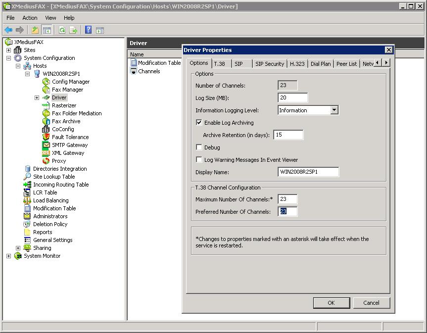 6.1.1. Configure Driver Properties On the main screen, navigate to XMediusFAX System Configuration Hosts WIN2008R2SP1 Driver in the left hand tree menu.