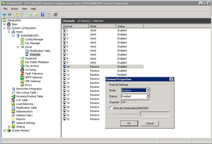 6.1.5. Configure Channels On the main screen, navigate to XMediusFAX System Configuration Hosts WIN2008R2SP1 Driver Channels in the left hand tree menu.