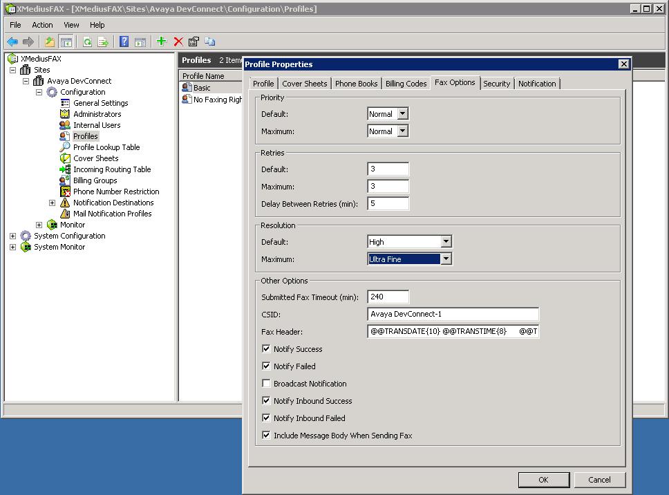 6.1.6. Fax Options On the main screen, navigate to XMediusFAX Sites Avaya DevConnect Configuration Profiles in the left hand tree menu.