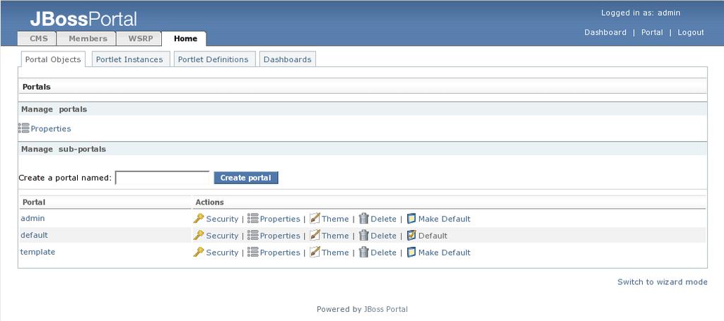 Figure 30. Management portlet page view. Let's create a new portal page.