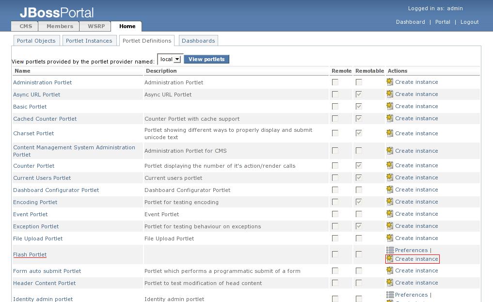 Deploying Portlets Figure 44. Admin portal page. A list of all portlets will be displayed.