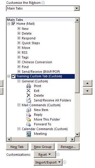 15. To move the custom tab to a specific location on the Ribbon, select the custom tab name from the list and use the Move Up and Move