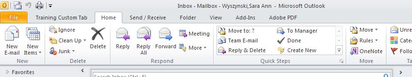 16. Click on the OK button to return to Outlook and see the new custom tab on the Ribbon. The new custom tab: Note: This is what the Customize Ribbon tab looked like to create the custom tab above.