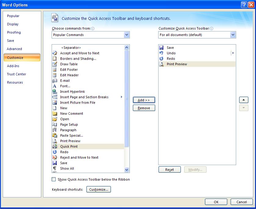 5. Click to select a command in the list and click. The selected command is added to the Quick Access toolbar list on the right side of the window.