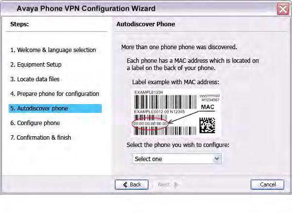 Virtual Private Network Figure 19: Autodiscover Phone (more than one phone was discovered) window a. Obtain the MAC address of the IP Deskphone for which you are configuring the VPN.