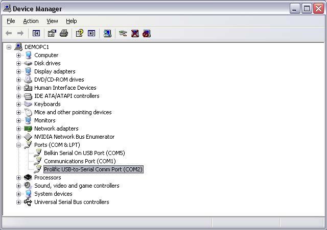 Select Hardware then Device Manager (Figure 1-2) (Figure 1-2) Note the COM Port number on the Prolific