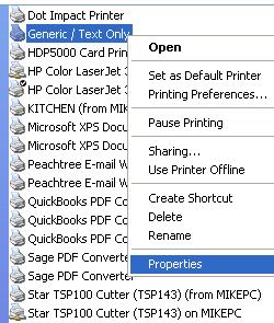 k. Once the Generic/Text driver printer has been added, open the Properties of
