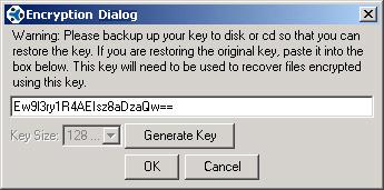 Encryption Allows access to a window where you may generate random encryption keys in order to store your backup files in an encrypted format.