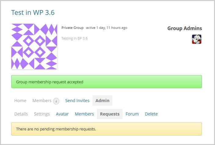 membership is shown along with the Accept button or the Reject buttons. In this example, the Group Admin will choose to accept the request for group membership.
