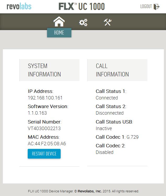 3. In the Home webpage of Revolabs FLX UC 1000, the Call Status will be set to Connected when it is