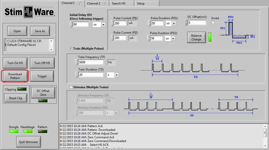 4) Generate and download pattern in StimWare Choose the stim signal parameters you wish to upload to the headstage.
