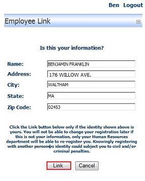 2) Click < Register >. You will see your employee record information displayed on the Employee Link section of the screen.