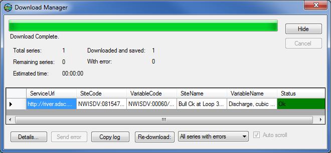 As HydroDesktop downloads time series, it displays a Download Manager to track progress.