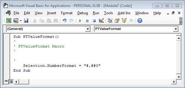 The macro simply applies the speci ed number format to the active cell. We want our macro to apply this formatting to all value elds in all of the PivotTables on the active worksheet.