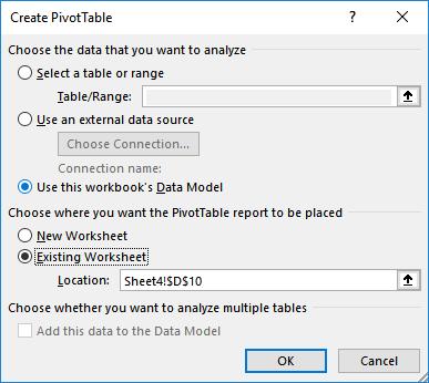 Summarize with a PivotTable In Excel, we click the Insert > PivotTable command. We ensure that the Use this workbook s Data Model is selected, as shown below, and click OK.