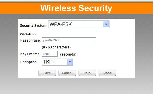 Setup Wireless Security Screen Figure 9. Wireless Security Screen This screen is accessed by clicking the Configure button on the Wireless screen.