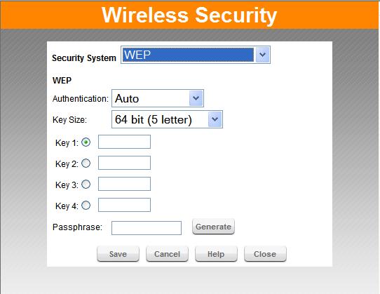 Setup Wireless Security - WEP Figure 10. Figure 8: WEP Screen WEP Authentication Normally this can be left at the default value of "Auto".