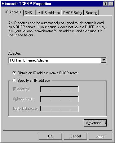 PC Configuration 2. Click the Properties button to see a screen like the one below. Figure 20. Windows NT4.0 - IP Address 3. Select the network card for your LAN. 4.