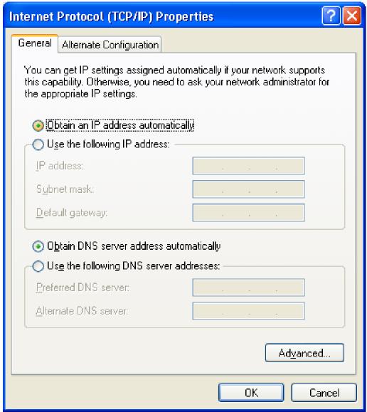 PC Configuration 4. Click on the Properties button. You should then see a screen like the following. 5. Ensure your TCP/IP settings are correct. Using DHCP Figure 26.