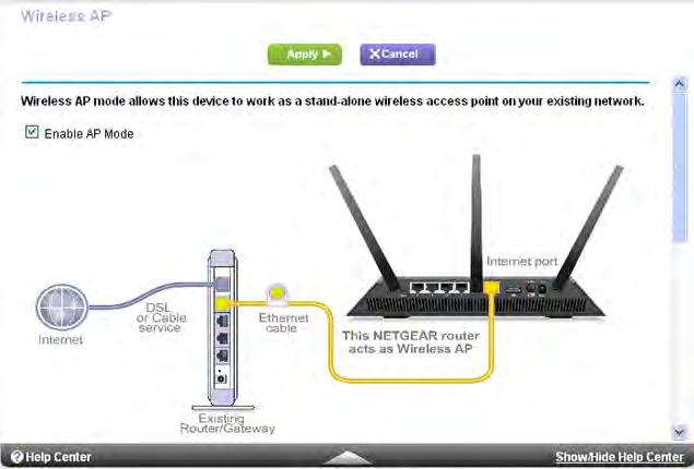 Use the Router as a Wireless Access Point You can set up the router to run as an access point (AP) on the same local network as another router. To set up the router as an AP: 1.
