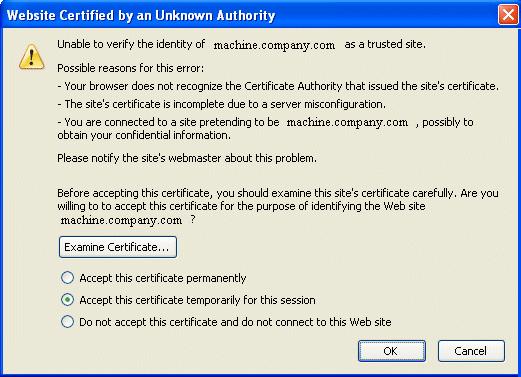 FIGURE 5 1 Sample Browser Response to Untrusted Certificate Similarly, the first time asadmin receives an untrusted certificate, it displays the certificate and lets you accept it or reject it, as