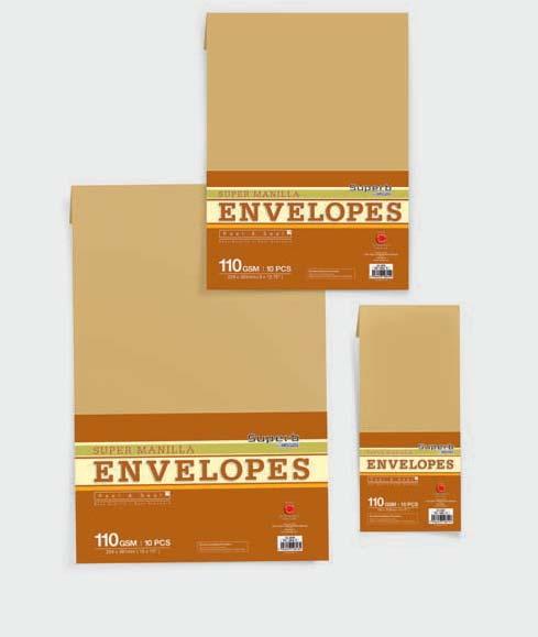 ENVELOPES White Envelopes Quality: 100 gsm CS 12801 90-12801-7 102 x 229 10 sheets 50 Pkt x 8 Bxs 240 x 215 x 125 0.0065 3 CS 12802 90-12802-4 162 x 229 10 sheets 50 Pkt x 4 Bxs 335 x 240 x 125 0.