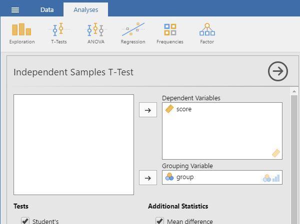 Steps for Obtaining Two-Sample Inferential Statistics 1. First, enter two sample data (described elsewhere). 2. On the Analysis tab, select the T-Tests Independent Samples T-Test option.