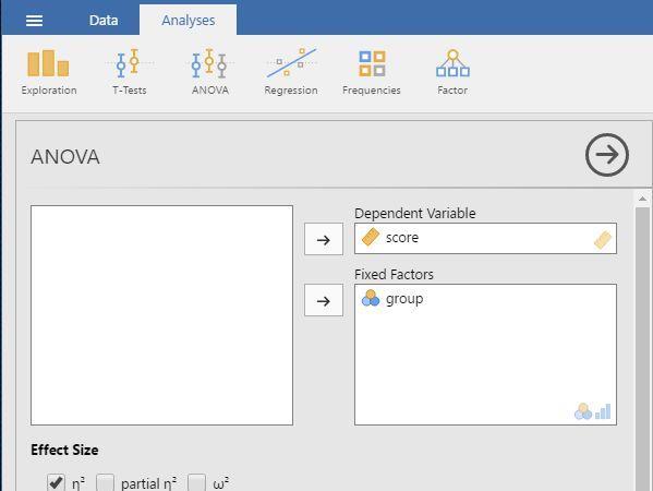 Steps for Obtaining Multiple-Sample Inferential Statistics 1. First, enter multiple group data (described elsewhere). 2. On the Analysis tab, select the ANOVA ANOVA option.