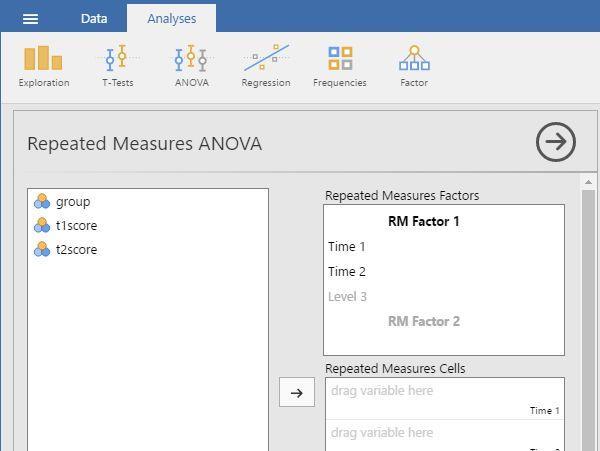 Steps for Obtaining Repeated Measures Inferential Statistics 1. First, enter mixed design data (described elsewhere). 2. On the Analysis tab, select the ANOVA Repeated Measures ANOVA option.
