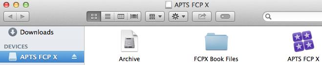 9 Select the APTS FCP X disk in the sidebar. The new APTS FCP X library should appear next to the Archive and the FCPX Book Files folder.
