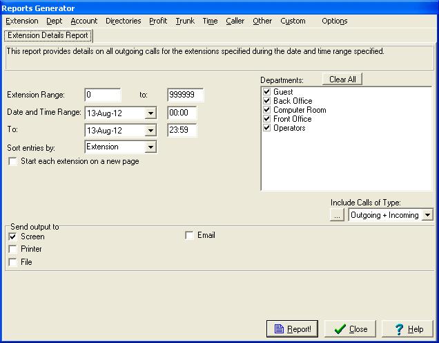 From the ProfitWatch Call Accounting 2012 screen (not shown below), select Reports Report Generator from the top menu.