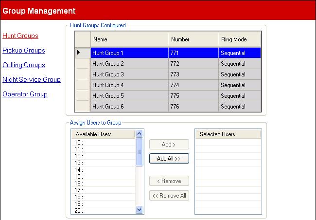 Configuration Settings: User Setup 3.4 Group Management This menu is accessed from the System 43 page by selecting Manage Hunt Groups.